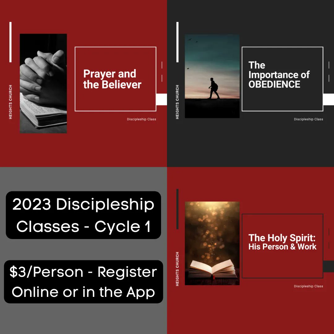 HeightsChurchSC's tweet photo. We are excited about our upcoming Discipleship Classes starting January 15, 2023.
Registration will be open in our app on Sunday, December 25.  Cost for each class is $3 with the exception of the women's bible study class, this will be the cost of the workbook. https://t.co/TfbDVRTEqd