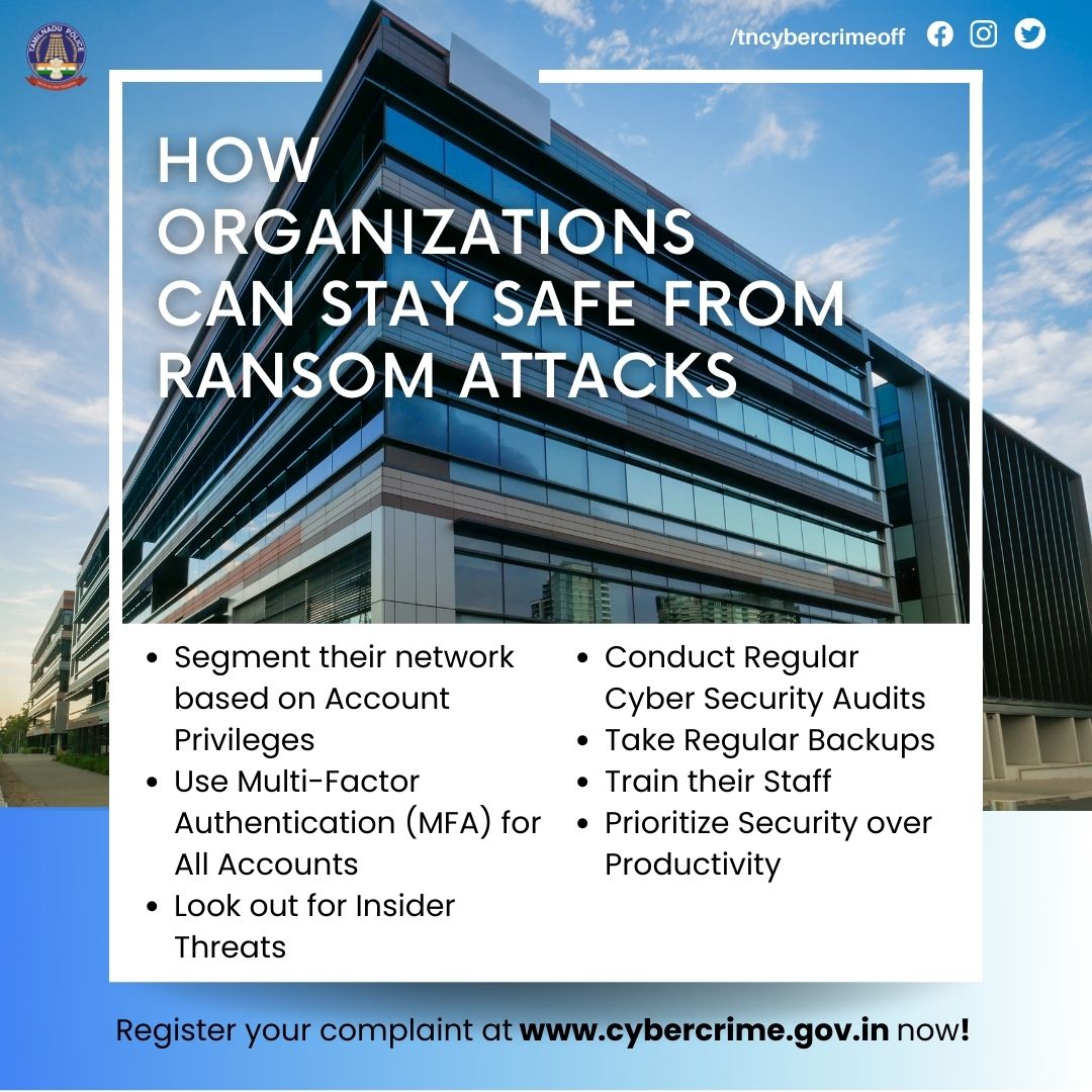 tncybercrimeoff's tweet photo. How Organizations Can Stay Safe From Ransom Attacks
To Report Non-Financial Crimes - https://t.co/BuK22YBaZU
#CyberCrimeAwareness #CyberKural #TNCyberCrime #CyberCrimeHelpline #RansomAttacks #AccountBackups #CyberAttack #CyberAttackDefense https://t.co/8yNpEfeJ0W