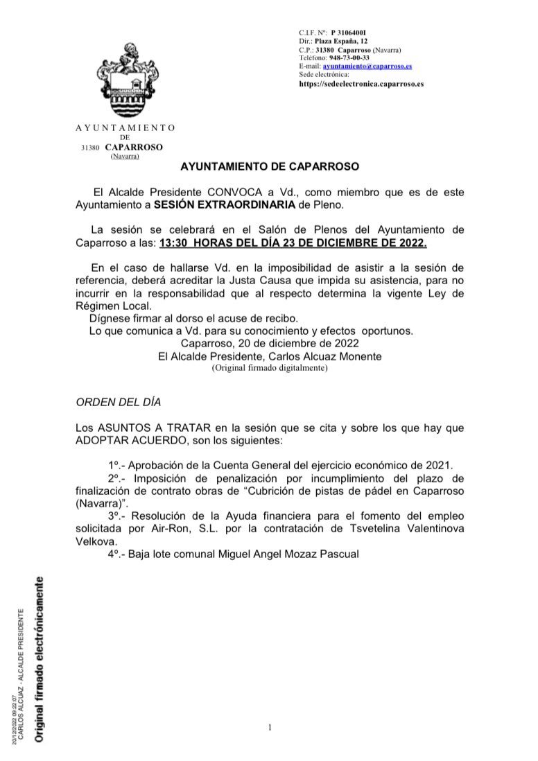 📌 Hoy, viernes 23 de diciembre, a las 13,30h, SESIÓN EXTRAORDINARIA en el Salón de Plenos del Ayuntamiento de Caparroso con el siguiente orden del día: