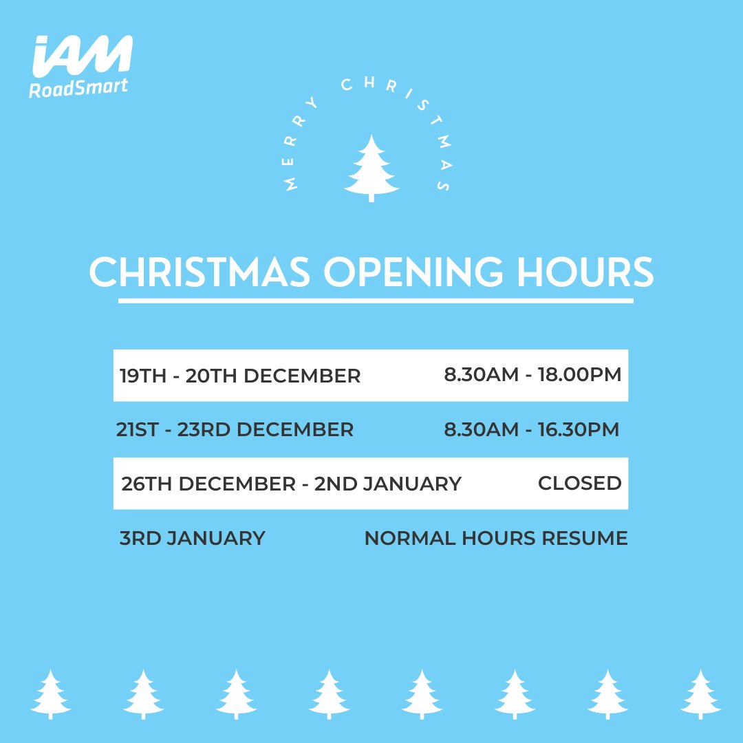 IAMRoadSmart's tweet photo. Our team will be enjoying a well-deserved rest over the Christmas period, which means we’ll be closed from 4.30pm on 23rd of December. We’ll be back to answer your calls and emails from 3rd of January. We look forward to seeing you all in the new year! https://t.co/GZMUX0EluO