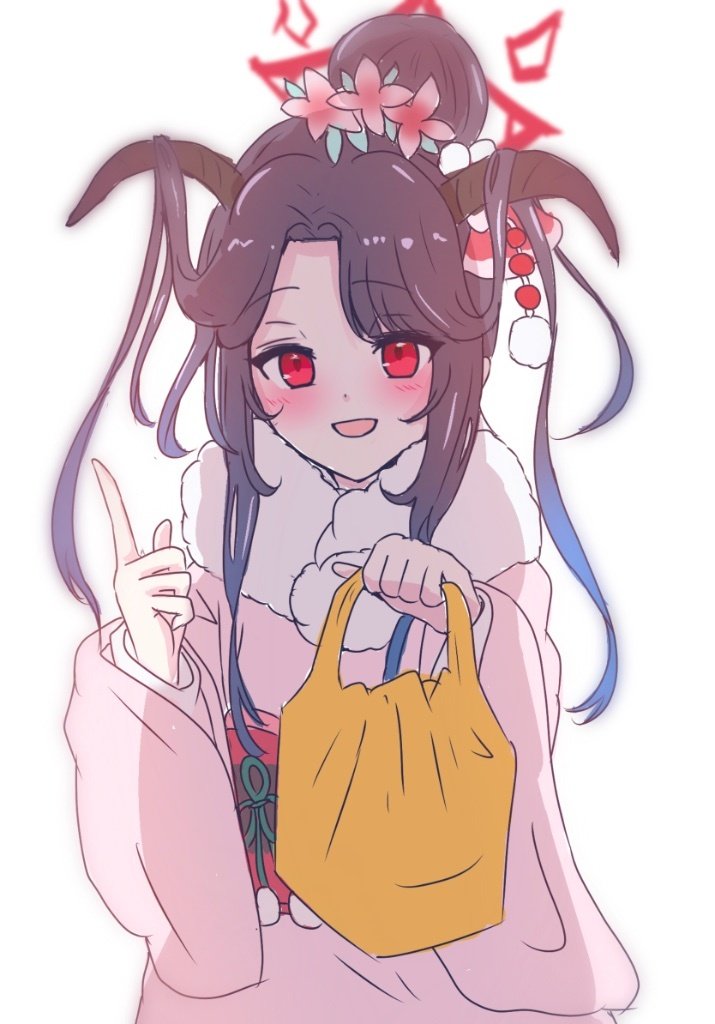 1girl halo horns red eyes solo holding bag kimono  illustration images