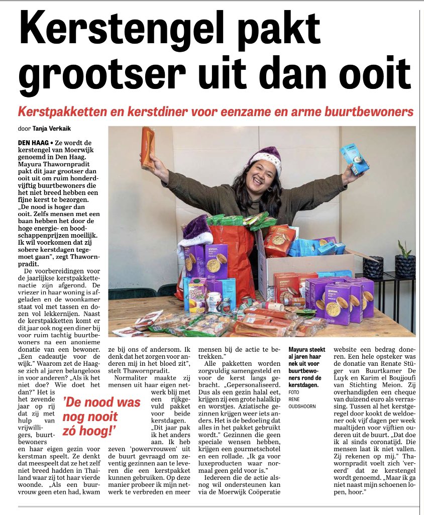 Engelen bestaan! 😁 De Haagse Mayura Thawornpradit pakt dit jaar grootser uit dan ooit met haar kerstpakketten actie voor arne buurtbewoners! #telegraaf <a href="/Moerwijktweets/">Moerwijk Den Haag</a> <a href="/MoerwijkCoop/">MoerWIJk Coöperatie</a>