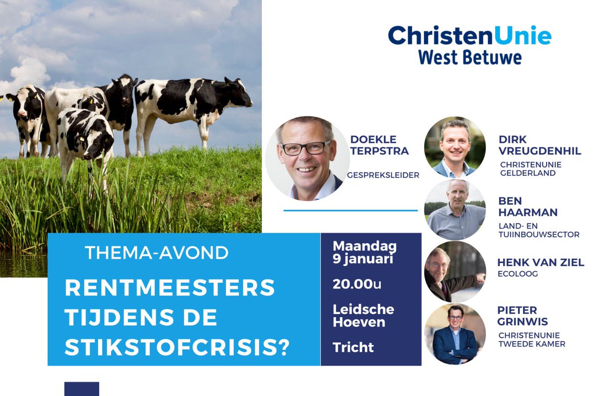 Meer weten waar het echt om gaat? Kom naar onze thema avond stikstof 9 januari met <a href="/doekle_terpstra/">doekleterpstra</a> <a href="/dirkvreugdenhil/">Dirk Vreugdenhil</a> <a href="/freek_rebel/">Freek Rebel</a> <a href="/Pieter_Grinwis/">Pieter Grinwis</a> @benhaarman en ecoloog #henkvanziel. Georganiseerd door <a href="/ChristenUnieWB/">ChristenUnie West Betuwe</a> met <a href="/CUGelderland/">ChristenUnie Gelderland</a> <a href="/ggrandia/">Gilco Grandia</a> <a href="/CUCulemborg/">ChristenUnie Culemborg</a> <a href="/jmckoning/">Martin Koning</a>