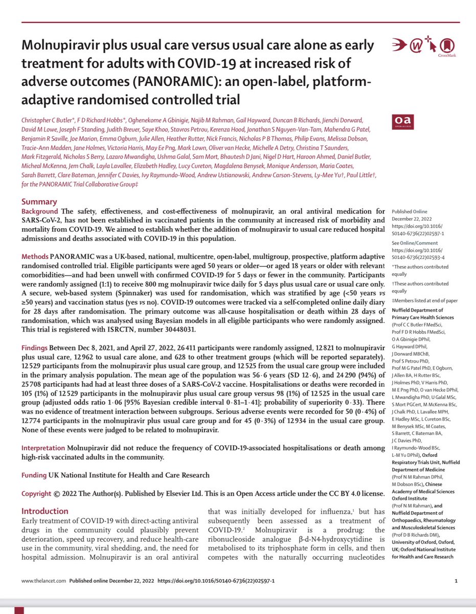Dr_PaulinoVigil's tweet photo. MOLNUPIRAVIR. Estudio controlado aleatorio con más de 26 mil personas realizado en UK prueba que Mulnopiravir no reduce las hospitalizaciones ni muertes por COVID-19 en población vacunada de riesgo (>50 años). https://t.co/Y5lxOOPHg2