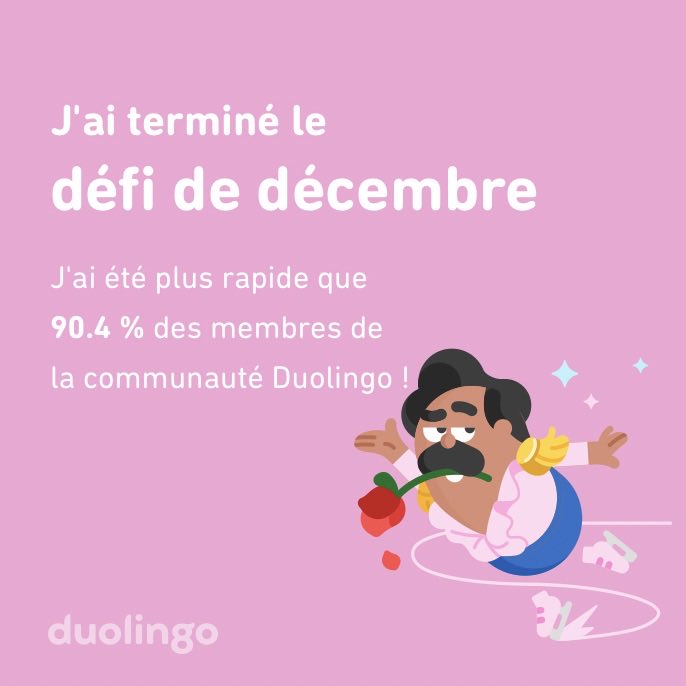 J'ai terminé le défi de décembre plus vite que 90.4 % des membres de la communauté Duolingo !
