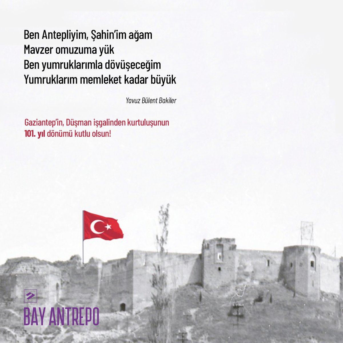101 yıl önce Gaziantep’in işgalci düşman kuvvetlerine karşı direnişinin destanıdır Gaziantep Savunması…
Bu destanı yazan atalarımızı rahmet, minnet ve şükranla anıyoruz.
#haskan #bayantrepo #gaziantep #antepsavunması #25aralık #GaziantepinKuruluşu