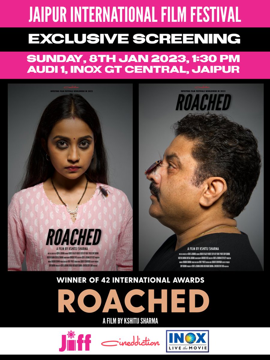 JIFFJaipur's tweet photo. ROACHED / Screen-1- Audi 1 - Inox, GT Central, Jaipur /1:30 PM
15th-JIFF 2023
MEERA/Screen-2- Audi 3 /12 PM
For delegate registration: https://t.co/BL7qMjW1rX
#ROACHED  #Meera #KshitijSharma #jiff
#torchcampaign #JIFFINDIANPANORAMA #SauravMookherji #screenplay #IScatJIFF
#Jfm2023 https://t.co/ZOkrSApHYX