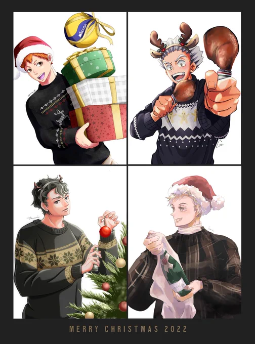 【Haikyuu～MSBY Christmas～】4人のコラボ絵をまとめたものがこちら週末のイヴとクリスマスを皆さんも楽しんでくださいね 