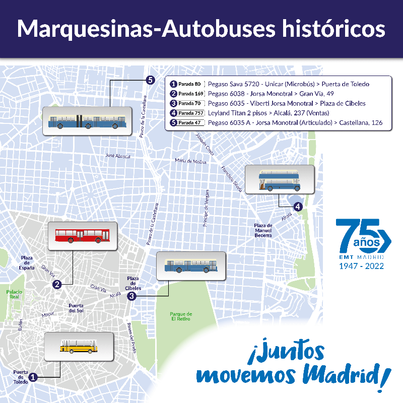 EMTmadrid's tweet photo. ❓ Nos estáis preguntando dónde encontrar las marquesinas viniladas transformadas en nuestros vehículos más legendarios, así que... 

🗺️ Hemos preparado este mapa para que puedas encontrarlas todas😉 

📷¡Etiquétanos si te haces una foto en ellas! https://t.co/4EDxx2tvFu