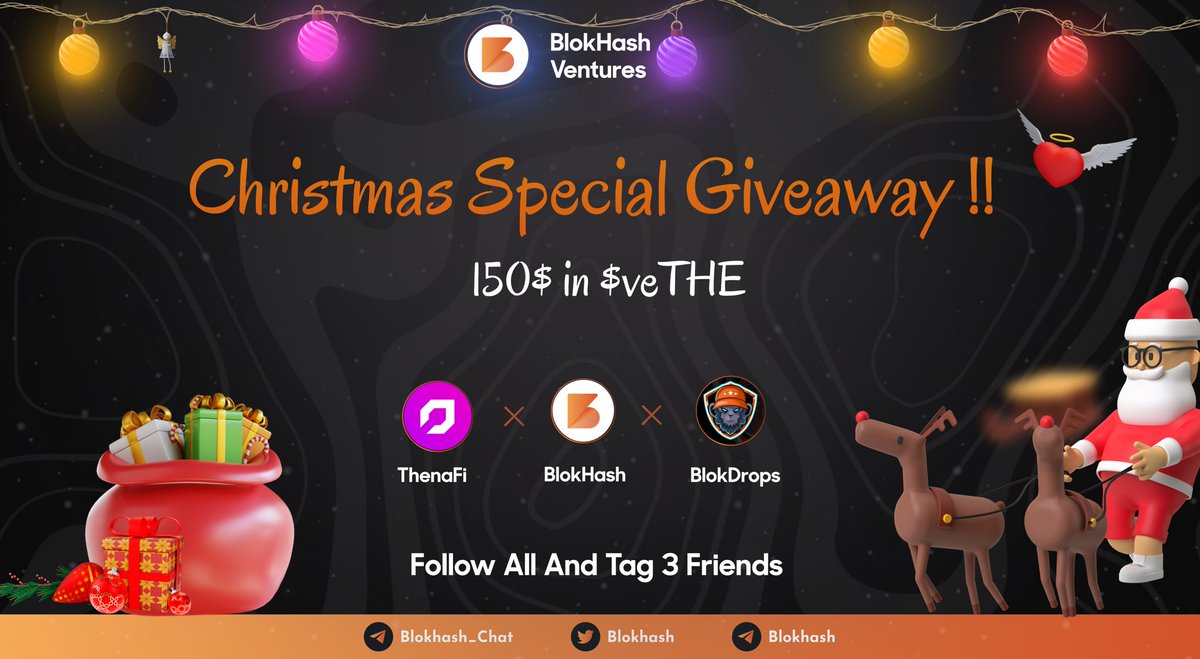 🎄 Christmas Special Giveaway ! 

Participate in this special Christmas Giveaway and Win Upto 150$ worth $veTHE 

👩‍🏫 Rules :

1. Like &amp; RT this tweet !
2. Follow Below All Accounts
  : <a href="/BlokHash/">BlokHash Labs</a> 
  : <a href="/thenafi/"></a> 
  : <a href="/BlokDrops/">BlokDrops 🦍</a> 

🏆 150$ in veTHe ~ 48 hours 

#Giveaways #Giveaway