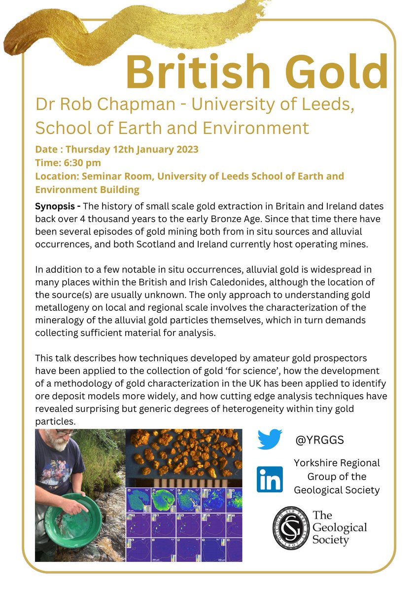 UPCOMING EVENT - Thursday 12th January 2023.

Dr Rob Chapman will be presenting on the topic of 'British Gold' at the University of Leeds, School of Earth and Environment Building.

We hope to see you there!