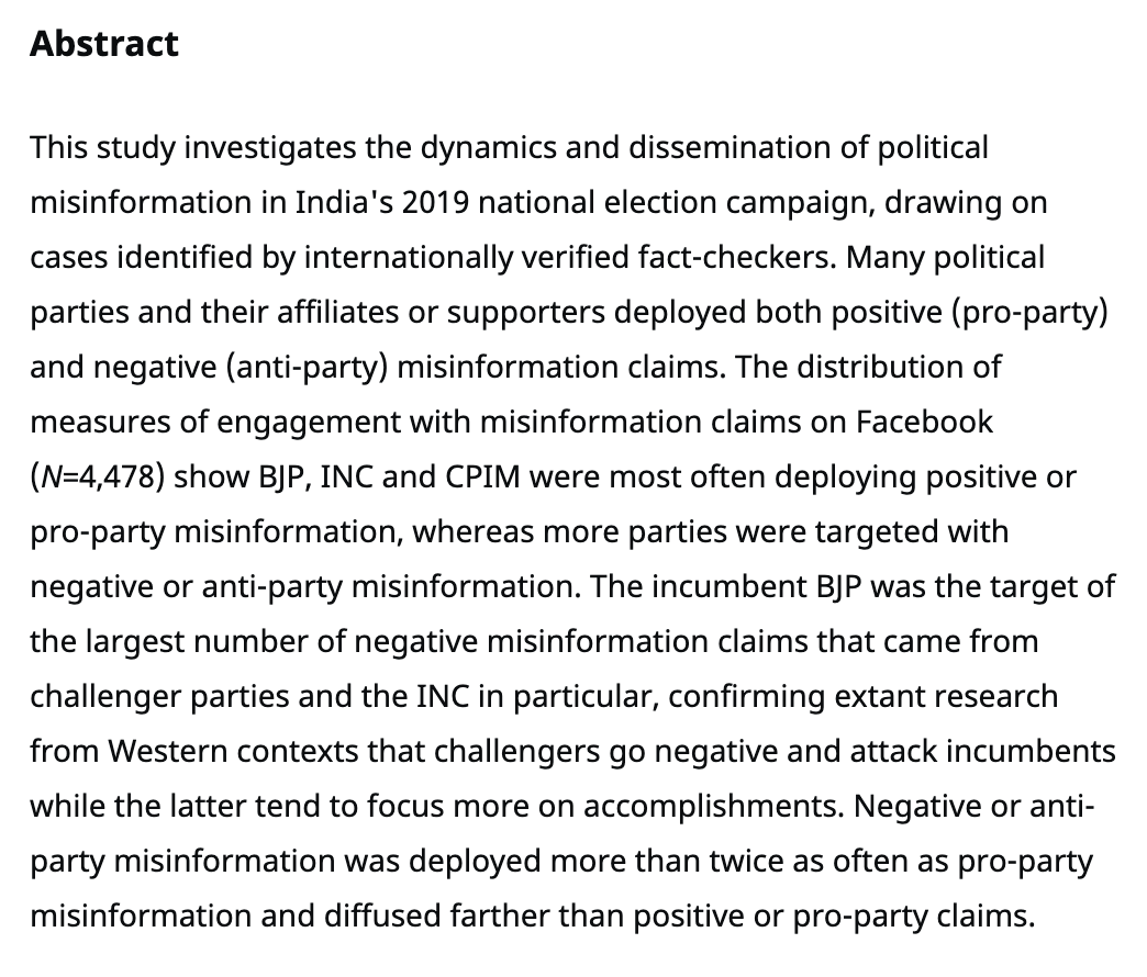 Holli Semetko (@hollisemetko) on Twitter photo A MUST READ on how parties deployed #misinformation in India's 2019 national election by <a href="/kiranabasavaraj/">Kiran Basavaraj / ಕಿರಣ್</a> in <a href="/journalqd/">Journal of Quantitative Description: Digital Media</a> Findings support extant research from many countries on challengers & incumbents online <a href="/andyguess/">Andy Guess</a> <a href="/alessandro_nai/">Alessandro Nai</a> #eIndia #mpol385 journalqd.org/article/view/2… A MUST READ on how parties deployed #misinformation in India's 2019 national election by <a href="/kiranabasavaraj/">Kiran Basavaraj / ಕಿರಣ್</a> in <a href="/journalqd/">Journal of Quantitative Description: Digital Media</a> Findings support extant research from many countries on challengers & incumbents online <a href="/andyguess/">Andy Guess</a> <a href="/alessandro_nai/">Alessandro Nai</a> #eIndia #mpol385 journalqd.org/article/view/2…