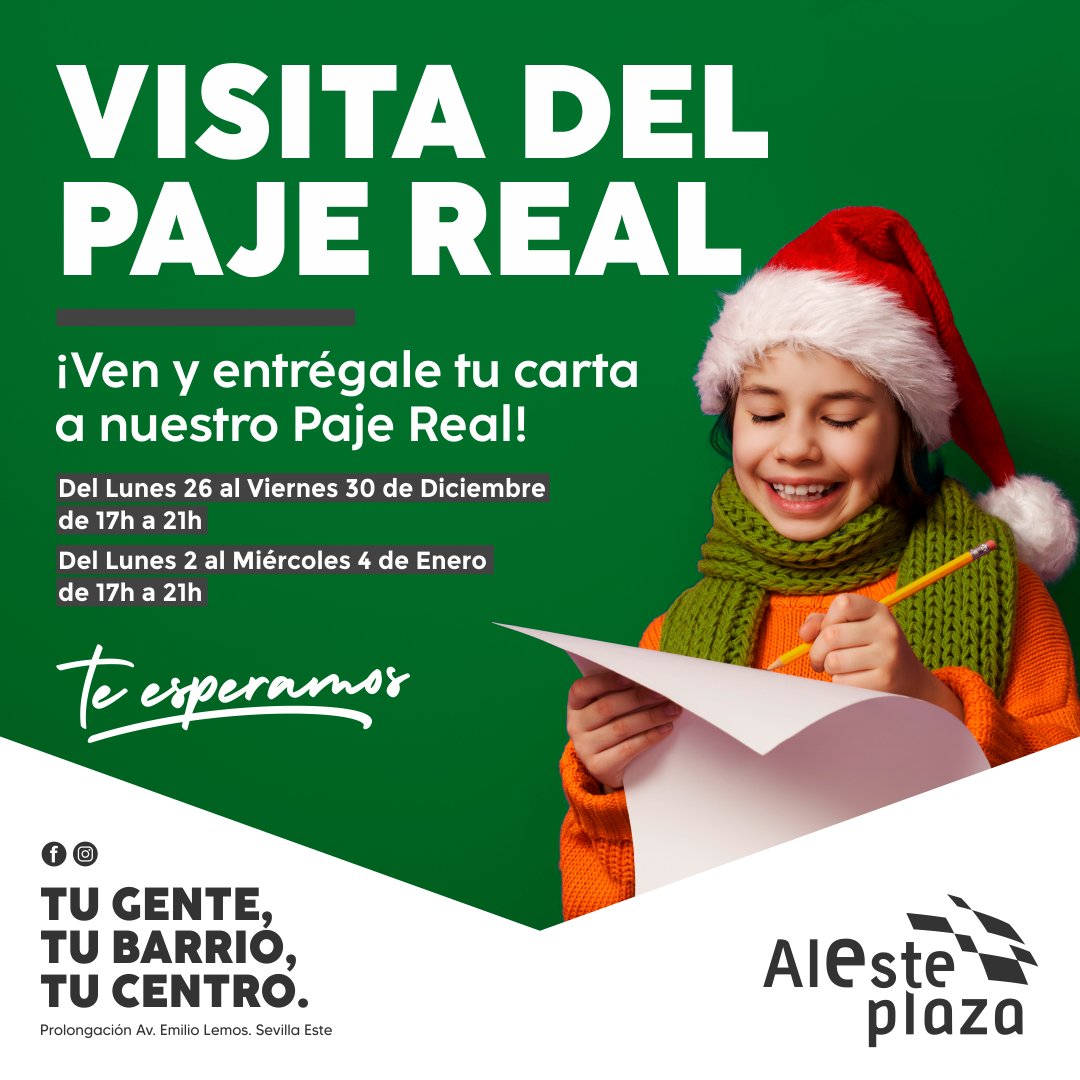AlestePlaza's tweet photo. A partir del lunes los más peques podrán entregarle su carta ✉️ a nuestro Paje Real👑👑👑
Del 26 al 30 de diciembre y del 2 al 4 de enero de 17H a 21H. ¡Te esperamos en Aleste Plaza!
Mas información en: https://t.co/YIy6v7QNcN
#AlestePlaza #PajeReal #Navidad #cuentacuentos https://t.co/IHAL2E6GMm