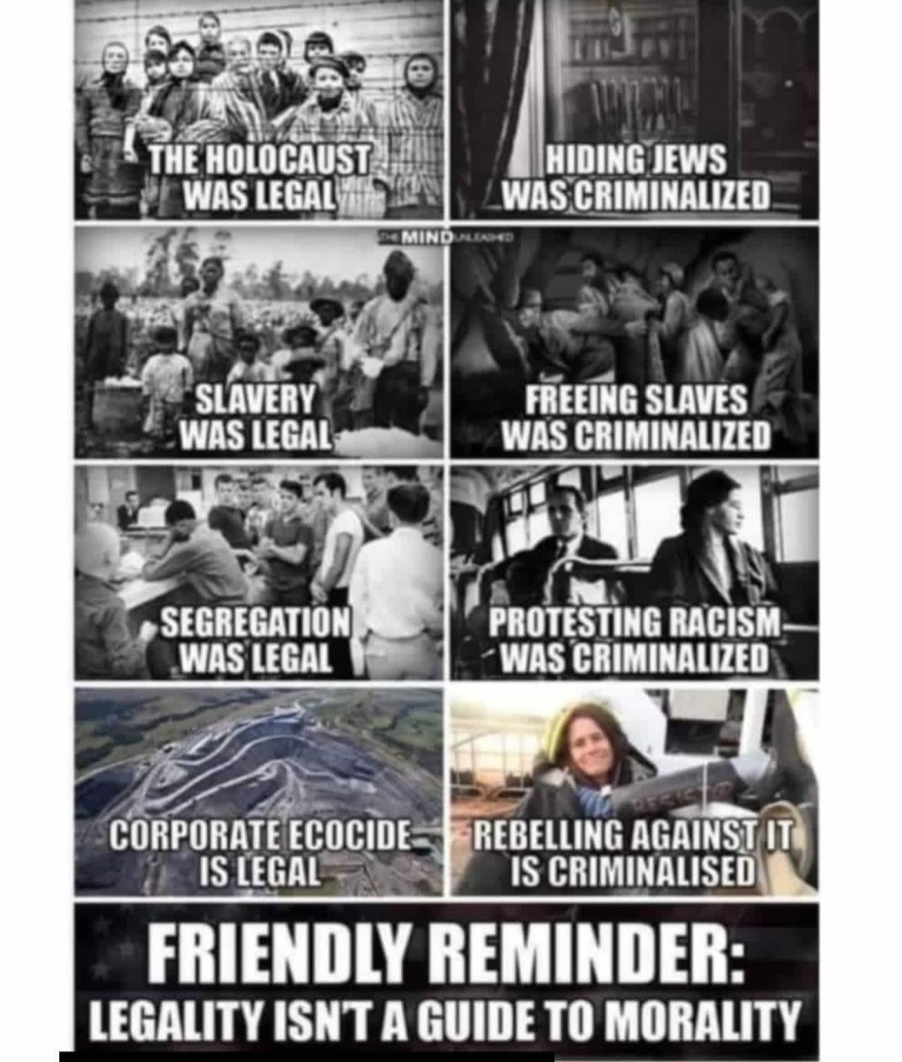 esXrebellion's tweet image. El holocausto era legal. Esconder judíos era criminalizado. La esclavitud era legal. Liberar esclavos era criminalizado. La segregación era legal. Protestar contra el racismo era criminalizado. El ecocidio es legal. Rebelarse contra él es criminalizado. Recuerda esto.