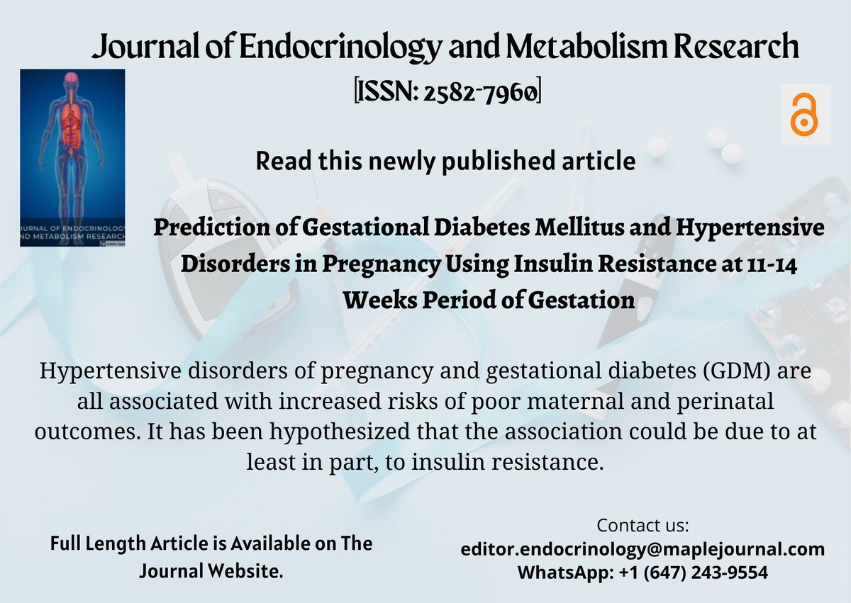 Newly published research article:
Prediction of Gestational Diabetes Mellitus and Hypertensive Disorders in Pregnancy Using Insulin Resistance at 11-14 Weeks Period of Gestation.
Read full length article here: maplespub.com/article/predic…
#researcharticle #diabetesmellitus #pregnancy