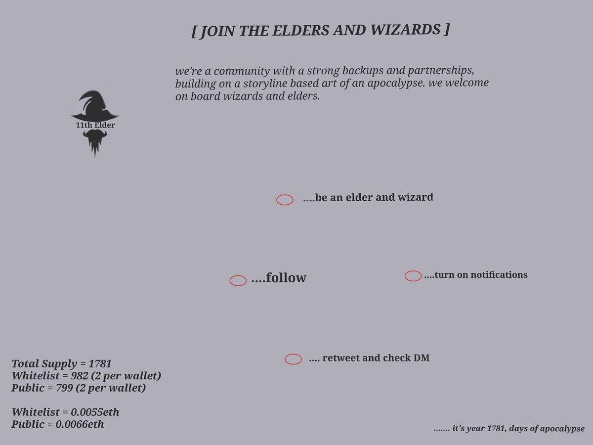 🔔Alchemy Club x 11thElder🔔

🚀Collaborating with <a href="/11thElder/">11th Elder</a> to Giveaway WL Spots to the Community

🎁Prize :
🏆10x Whitelist Spot

Rules
1️⃣ Like, RT ♥
2️⃣ Follow <a href="/11thElder/">11th Elder</a> &amp; 
<a href="/AlchemyClub_/">Alchemy Club</a> 

3️⃣ Tag 2 frens

⏰~24H
#Giveaways #NFTGiveaway #ETH #NFT