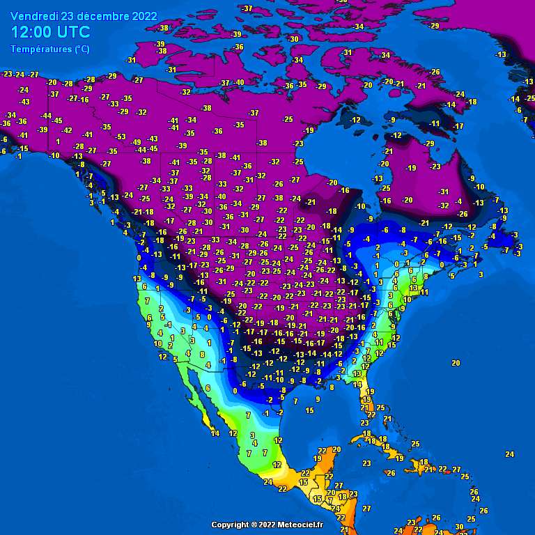 Meteovilles's tweet photo. #FroidExtrême #EtatsUnis La vague de #froid qui envahit une bonne partie de l'Amérique du Nord est impressionnante ! Il gèle en plaine jusqu'au Nord du Mexique (-2°C à Monterrey) -8°C à Lake Charles (Sud de la Louisiane) et presque -53°C à Rabbit Kettle (Canada) carte @meteociel https://t.co/8Wx6WKEU2l
