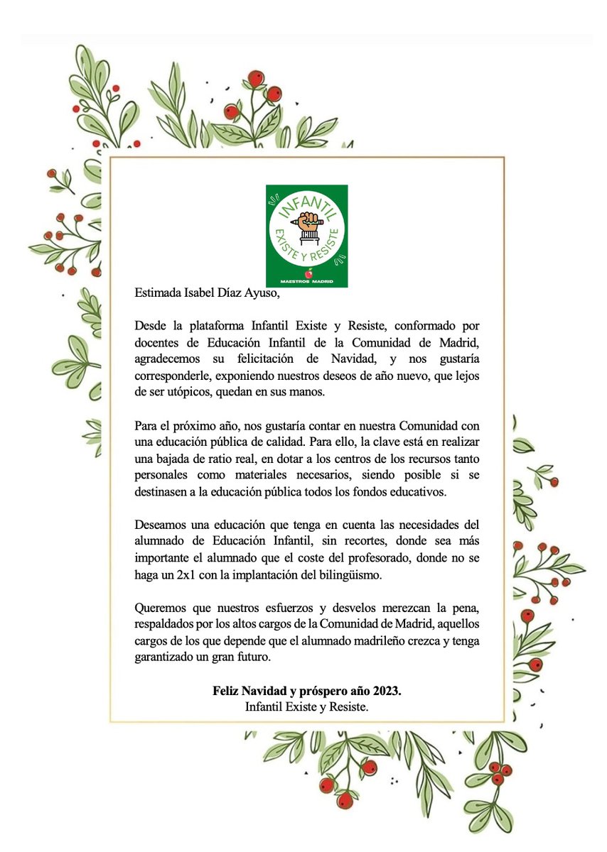 aperezrc's tweet photo. @IdiazAyuso La educación pública de la Comunidad de Madrid y los maestros y maestras que trabajamos en ella necesitamos algo más que una felicitación navideña. ESCÚCHENOS!! @infantilexiste 
#CartaDocente #FelizNavidadAyuso
#escuelapúblicamadrid
#infantilexisteyresiste
#mareaverde https://t.co/9qgmY3dnRt