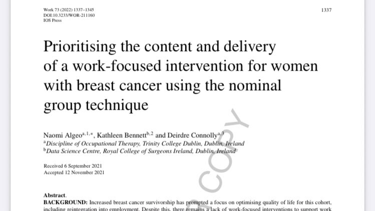 NaomiAlgeo's tweet photo. Pleased that our @WorkCancerIRL paper ‘Prioritising the content and delivery of a work-focused intervention for women with breast cancer using the nominal group technique’ has been published today. Some 🔑 findings of this return-to-work (RTW) post-cancer diagnosis research: A 🧵 https://t.co/BPFtqu59Sn