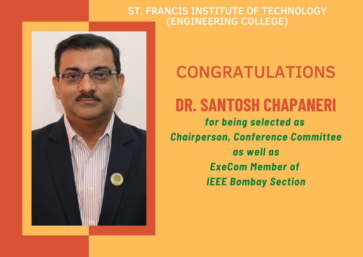 sfitborivali's tweet photo. @sfitborivali is delighted and proud to congratulate ๐
Dr. Santosh Chapaneri๐
for being selected as Chairperson, Conference Committee as well as ExeCom Member of IEEE Bombay Section.
Congratulations on your big achievement!!! ๐
#ieee #ieeebombaysection #technology #engineering https://t.co/yI8auwhNjM
