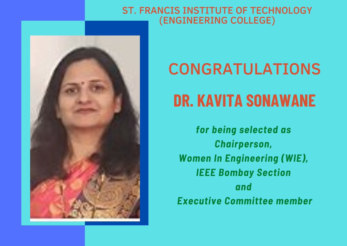 sfitborivali's tweet photo. @sfitborivali is delighted and proud to congratulate ๐
Dr. Kavita Sonawane๐
for being selected as Chairperson, Women in Engineering (WIE) and ExeCom Member.
Congratulations on your big achievement!!! ๐
#ieee #ieeebombaysection #technology #Engineering https://t.co/mtwXXuh4X5