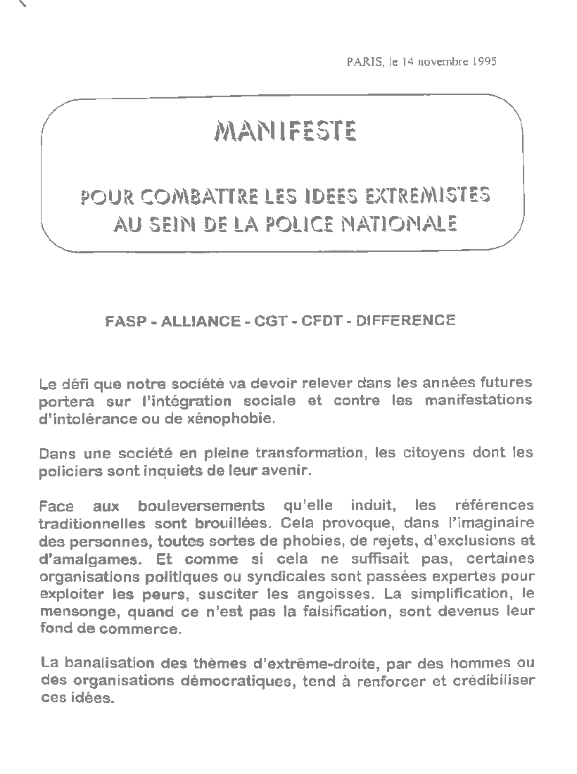 collectifPCP's tweet photo. • Flash-back | Le 14 novembre 1995, les syndicats policiers signaient ensemble un manifeste en réaction à la création au sein de la #police d’un syndicat affilié au Front National : "Pour combattre les idées extrémistes au sein de la police nationale". https://t.co/hYO698ZvZJ