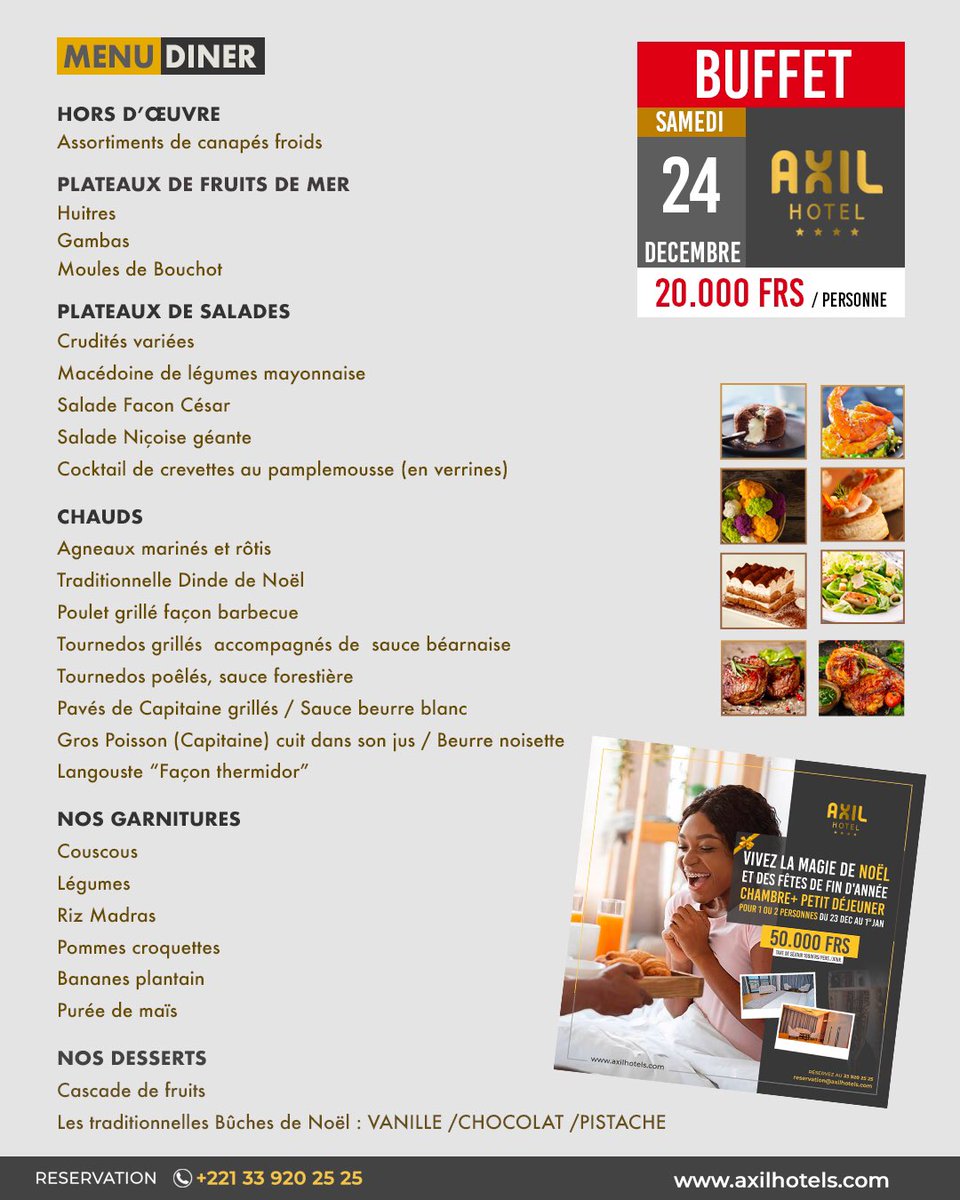 axil_hotel's tweet photo. Voici le menu dîner pour le réveillon de Noël 🎄✨🎅

———————————————
#hotel #accueillant #modern 
#teranga  #Senegal  #beautifulPeople #picoftheday #illustration #team221 #vacation #vacances #voyage #menu #dinner #noel #fêtes https://t.co/mCs1gyRBSh
