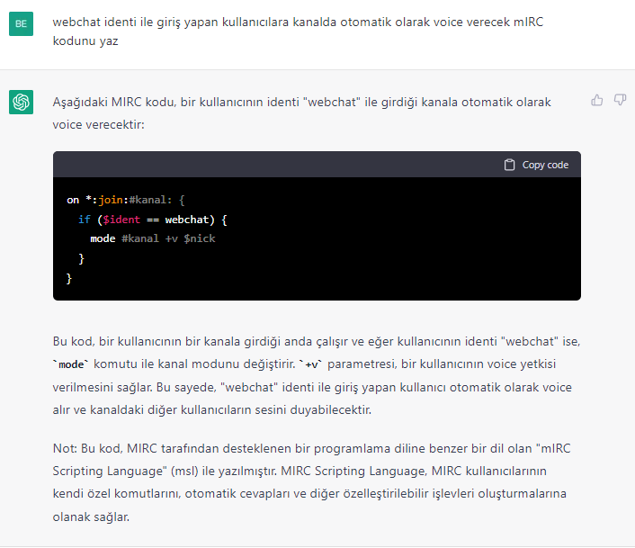 ChatGPT'den mIRC kodu istemek?
