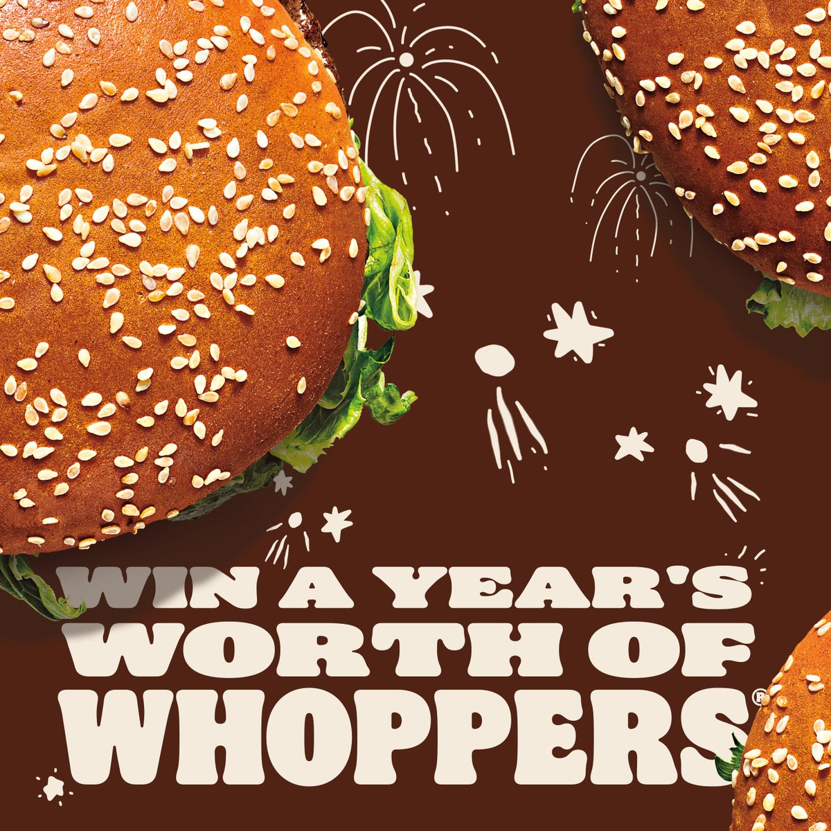 🚨 WIN A YEAR'S WORTH OF WHOPPERS 🚨 To celebrate the new year we want to give one lucky follower a year's worth of Whoppers! To be in with a chance of winning:  - follow us - retweet/like this post - comment 'new year new burgers' Good luck to all and happy new year!!