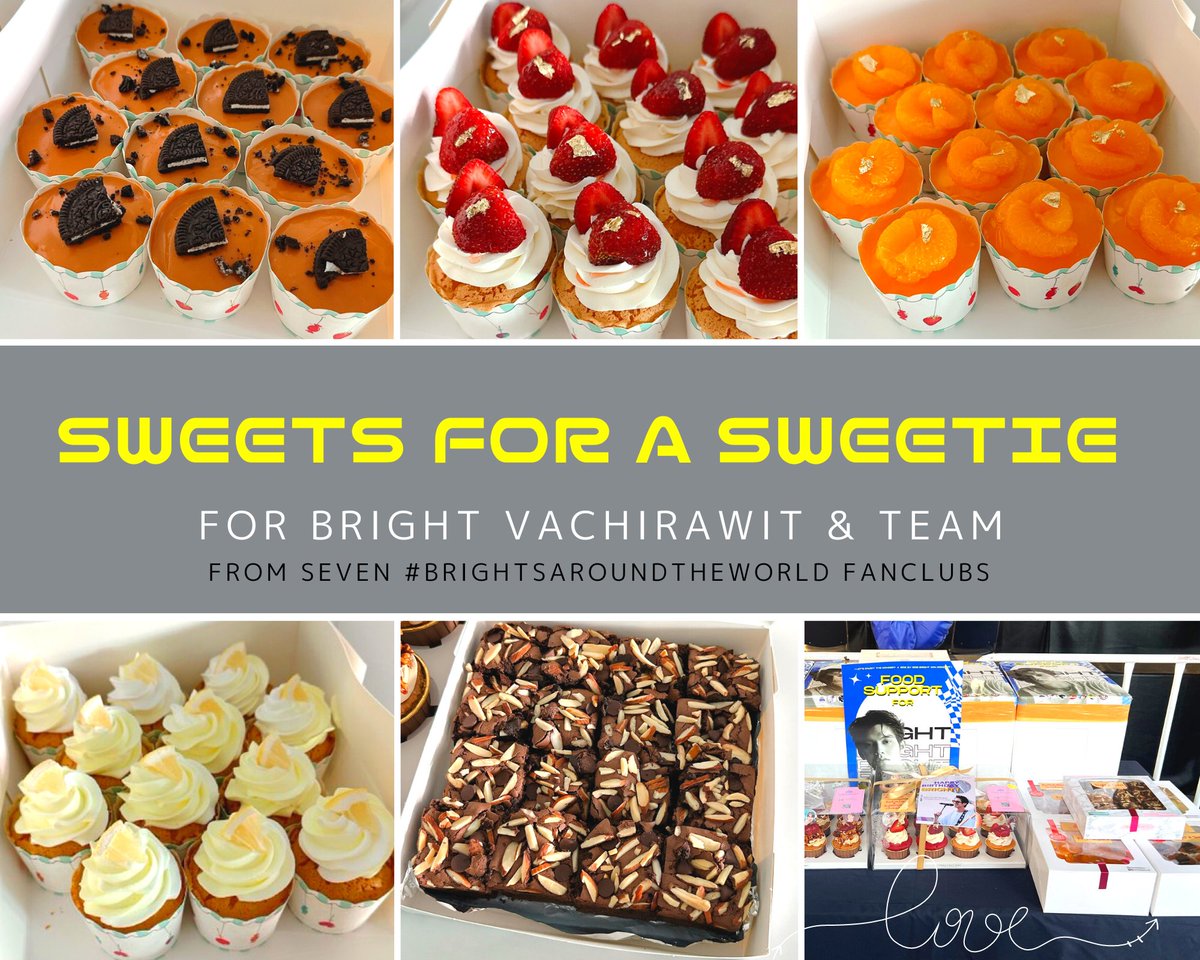 BrightInterfan's tweet photo. 🍱Food Support for Bright Vachirawit &amp; Team🧁🥤 
From 7 #BrightsAroundTheWorld FCs.

Besides the Birthday cupcakes, we also send food support for Bright &amp; team.

Have a great time on the last day of rehearsal🤍 We can't wait to enjoy the show with you tomorrow! 🔥🔥🔥

#bbrightvc https://t.co/Hd7jb8qK7C