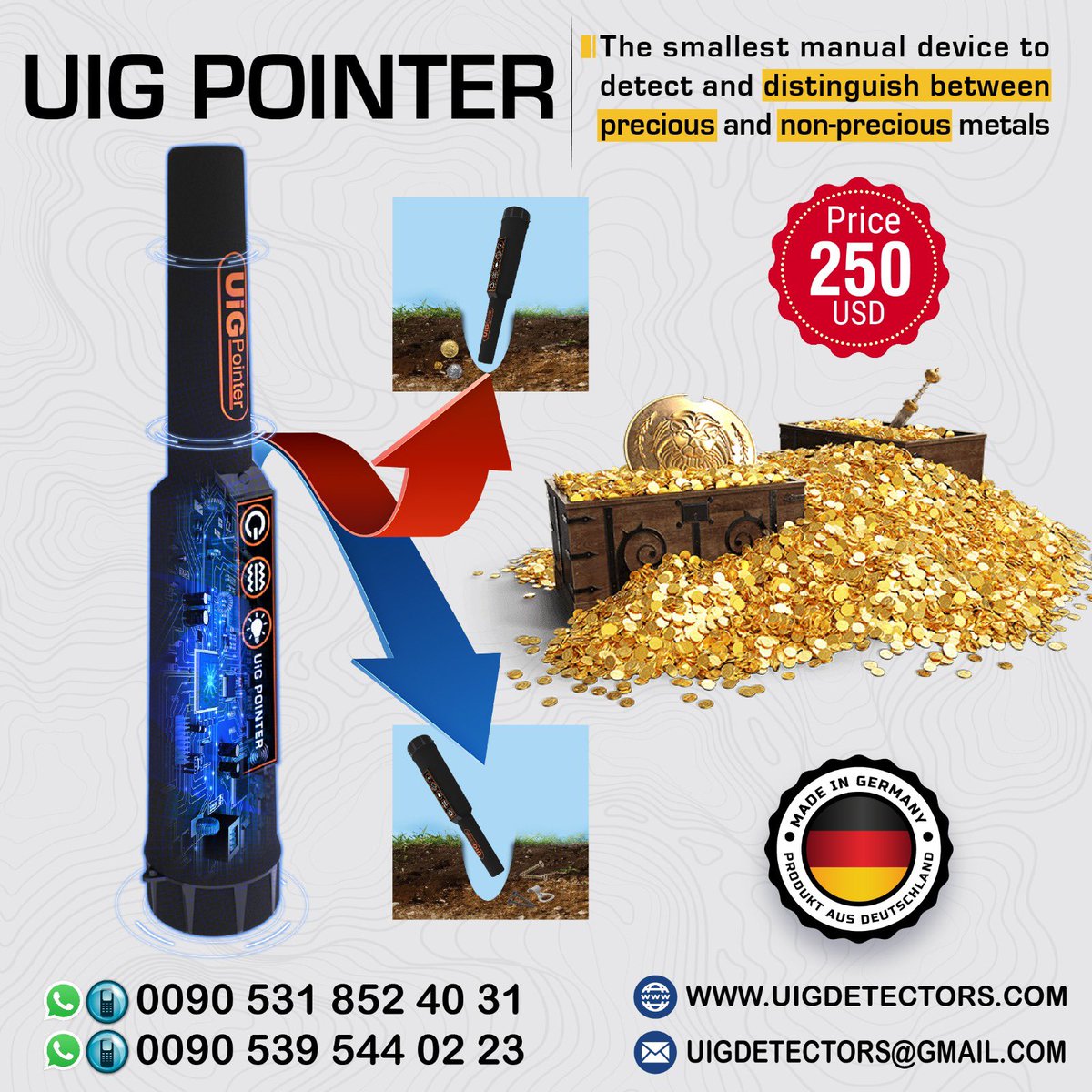 UIGDETECTORS's tweet photo. UIG POINTER : a unique product unlike anything else in the industry.
Our new and first-of-its-kind UIG POINTER detects all kinds of metals in addition it is featured to its high accuracy in distinguishing between precious and non-precious metals https://t.co/DQUW4UuoZc