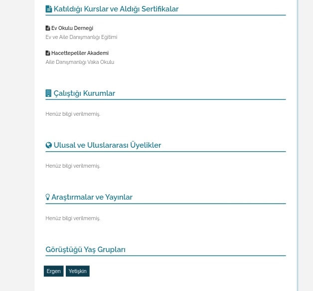 Sosyoloji bölümü okuyup da kendisini psikoterapist ve aile danışmanlığı ilan eden kisiler var. Bu kişi:
Aile problemleri
Bağlanma 
Bipolar
Evlilik öncesi danışmanlık 
Seks terapisi gibi bir cok alanda uzmanlığı olduğunu iddia ediyor. Bir an önce işlem başlatılmalıdır. 
<a href="/TPDBilgi/">Türk Psikologlar Derneği</a>+
