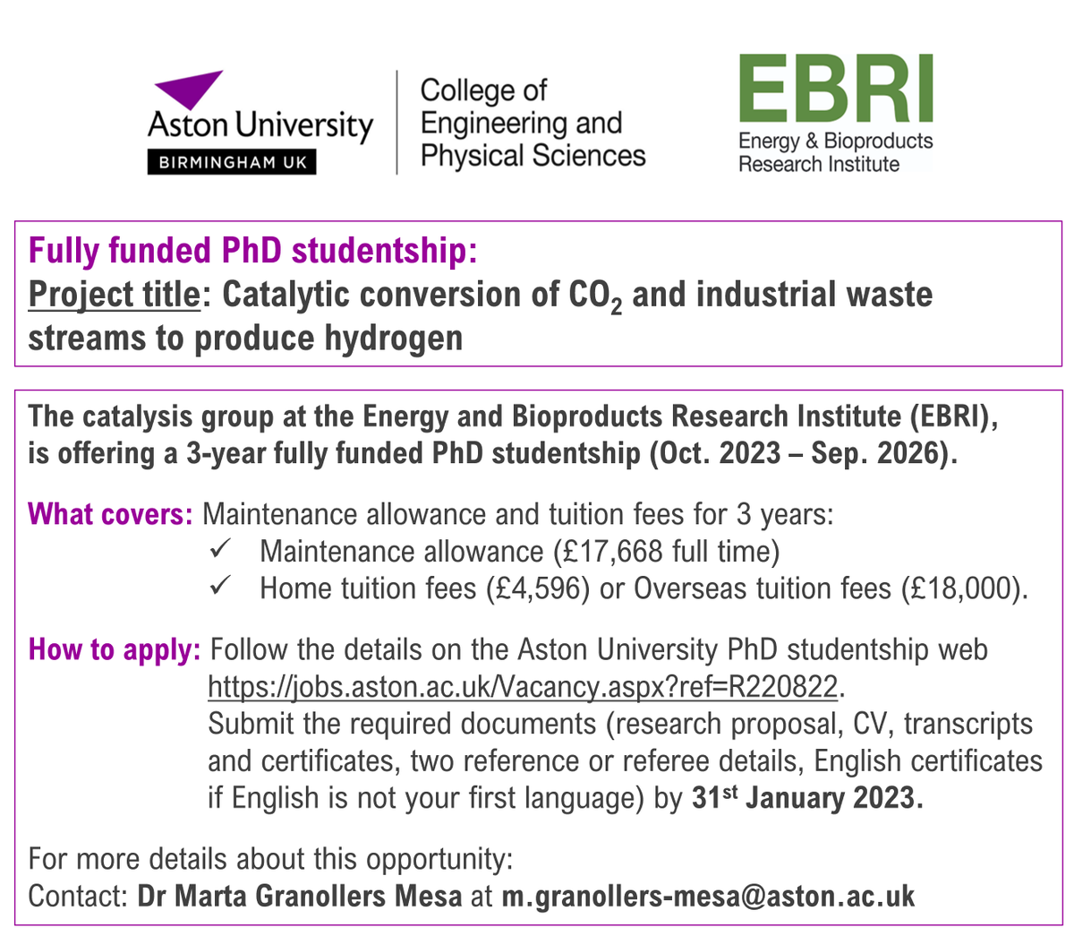 marta_gra's tweet photo. Fully funded PhD studentships available @EBRI_UK !
Exciting opportunity to explore the development of novel catalysts for CO2 conversion and hydrogen production.
Email me directly if interested (m.granollers-mesa@aston.ac.uk).
All the details: https://t.co/AYmnuazWuc. https://t.co/i5bH8P1Coy