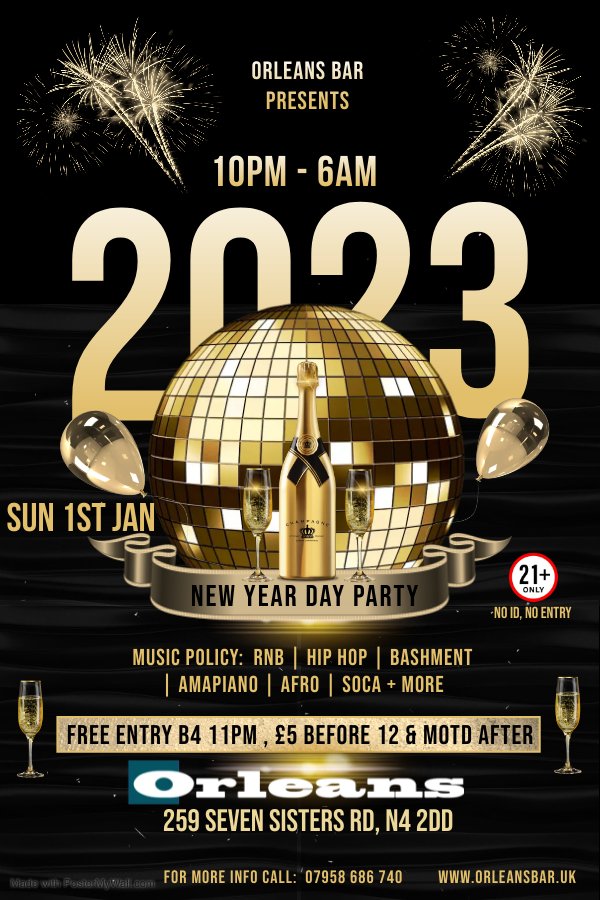 The First Party of The Year
Sunday 1st Jan 2023

10pm - Late

Free Entry Before 11pm
£5 Before 12am 
more on the door after

#orleansbar #latenightbar #finsburyparkcommunity #saturdaynight #djs #dancing #music #nightclub #northlondon #Party #Club #Bar #NewYearsDay2023 #newyear