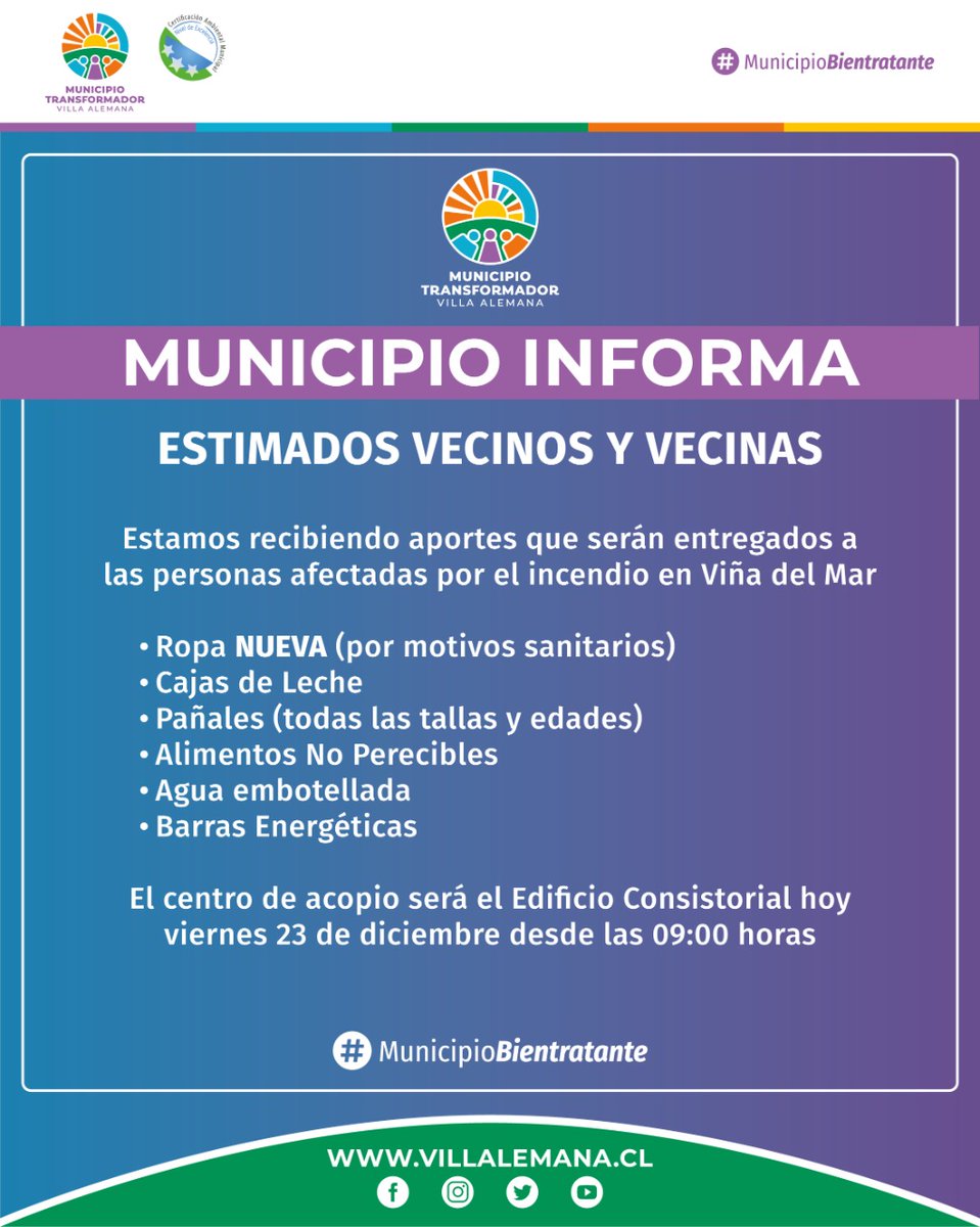 Munivillalemana's tweet photo. 🔴 #MUNICIPIOINFORMA: Para ir en ayuda de las familias damnificadas por el incendio de Viña del Mar, tendremos un punto de acopio ubicado en el Edificio Consistorial (Buenos Aires 850) hoy desde las 9:00 horas. 
 #MunicipioTransformador #MunicipioBienTratante https://t.co/QicM6uxWLH