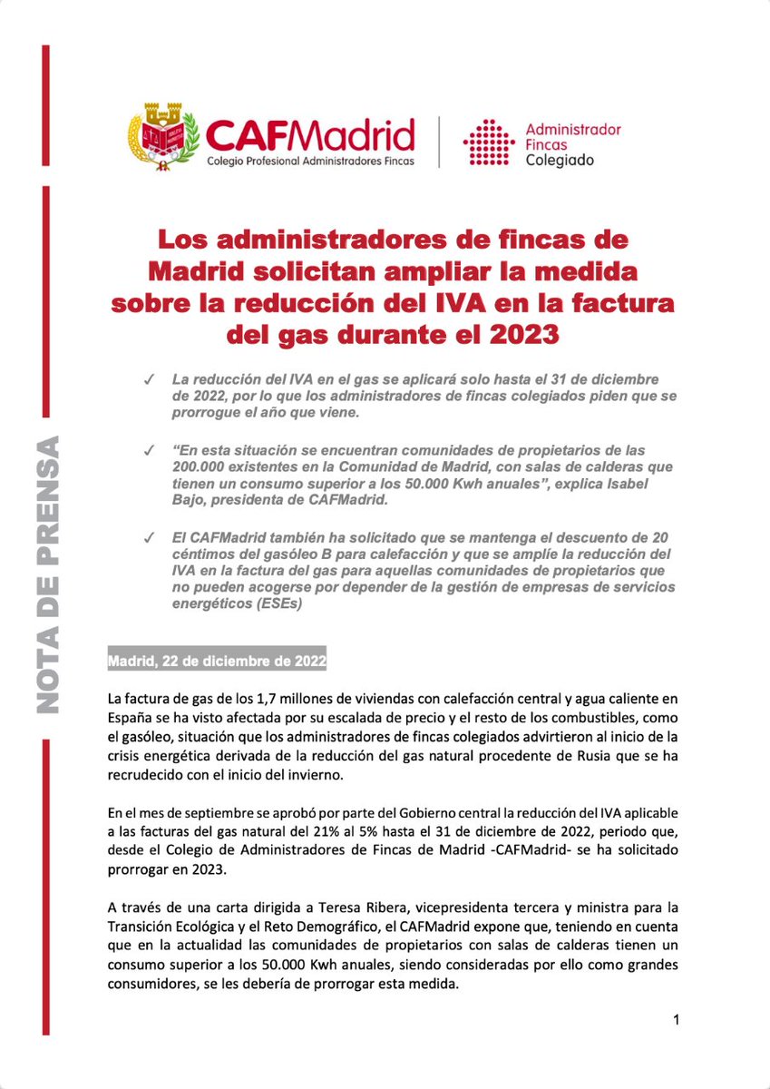 CAFMadrid's tweet photo. También solicitan que se amplíe la reducción del IVA en la factura del gas para aquellas comunidades de propietarios que no pueden acogerse por depender de la gestión de empresas de servicios energéticos (ESEs). Puedes leer el comunicado completo aquí: https://t.co/oM2ryHoKvJ https://t.co/1J7ajgw0EZ