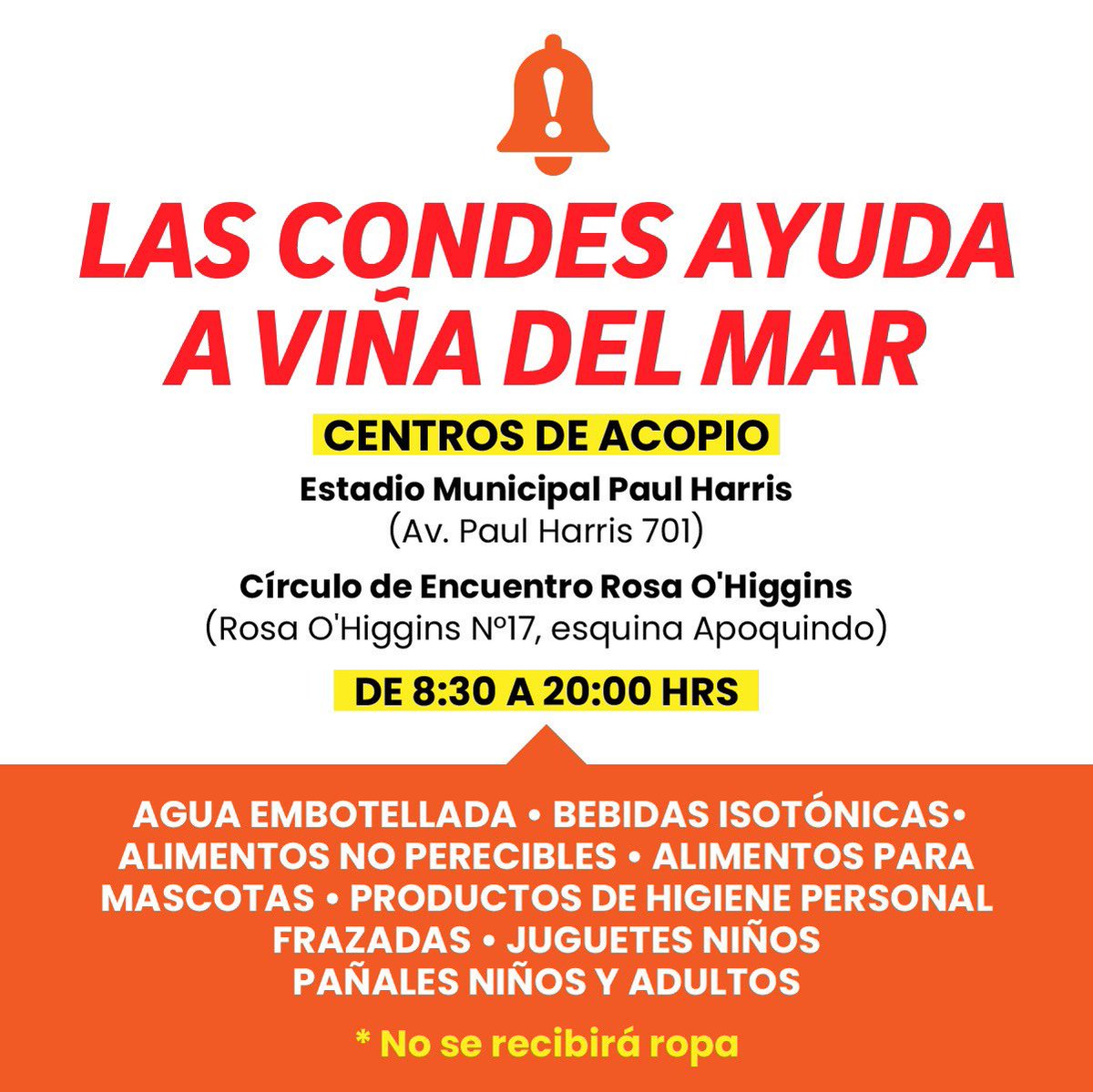 ¡IMPORTANTE 🚨! Ante el incendio de Viña del Mar, como municipalidad hemos habilitado dos centros de acopio para enviar ayuda a los vecinos de <a href="/vinadelmar/">Municipio de Viña del Mar</a> 

Estamos recibiendo productos como agua embotellada, frazadas y alimentos no perecibles, entre otros ☝🏼 <a href="/danielapenaloza/">Daniela Peñaloza</a>