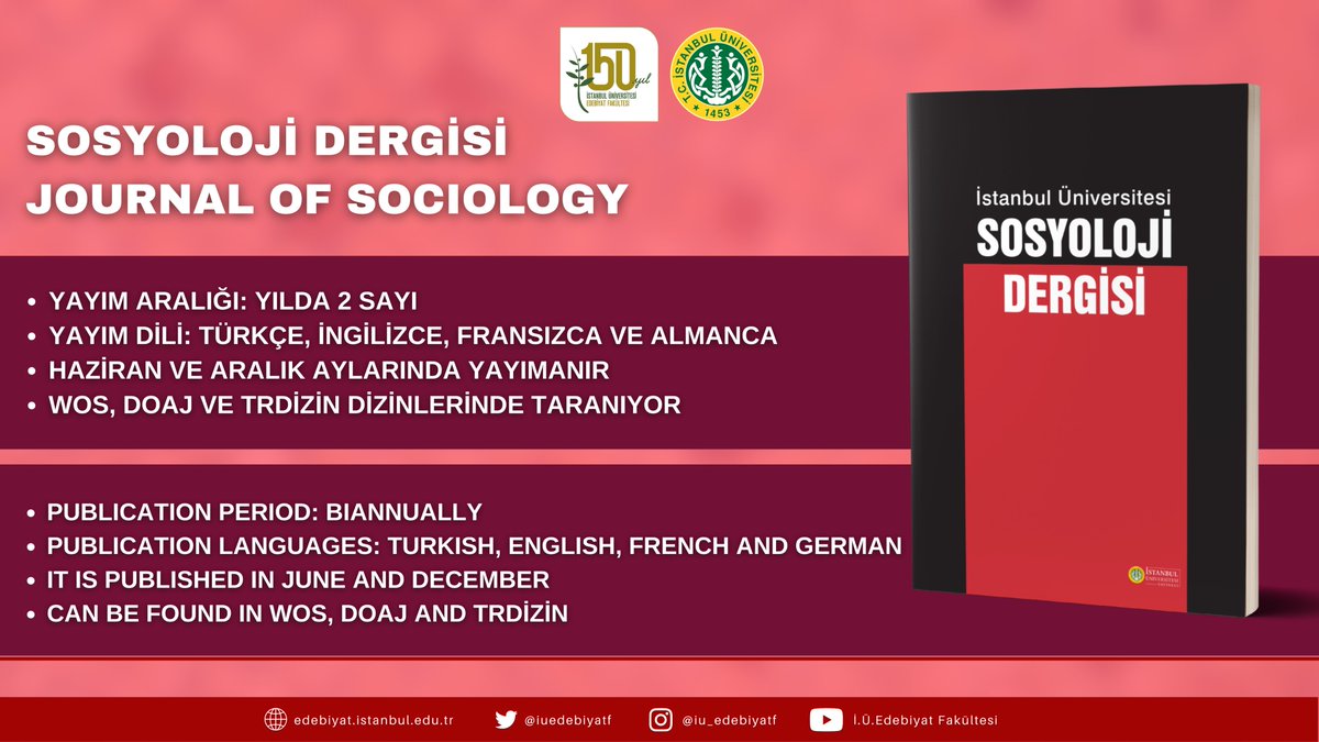 2-) İ.Ü. Sosyoloji Dergisi/İ.Ü. Journal of Sociology
 
Sosyoloji Bölümümüz tarafından çıkarılan ''İ.Ü. Sosyoloji Dergisi''ne aşağıdaki linkler üzerinden ulaşabilirsiniz.

iupress.istanbul.edu.tr/tr/journal/ius…

iupress.istanbul.edu.tr/en/journal/ius…