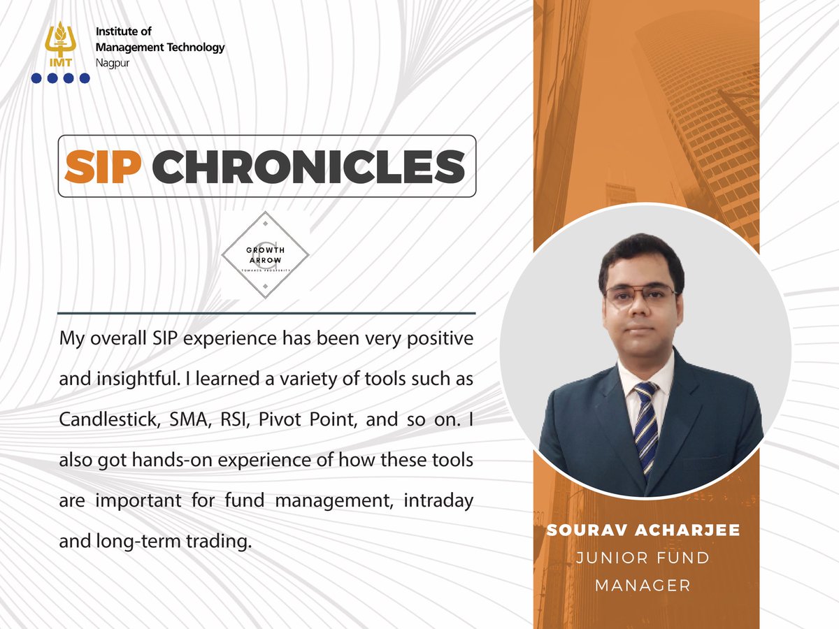 The students of #IMTNagpur completed their SIP for the academic session 2021-23. Take a glimpse at what Sourav Acharjee has to share about his internship with Growth Arrow, an independent financial service firm from Bangalore.

#MakeTheFirstMoveAtIMTN #TheIMTNExperience