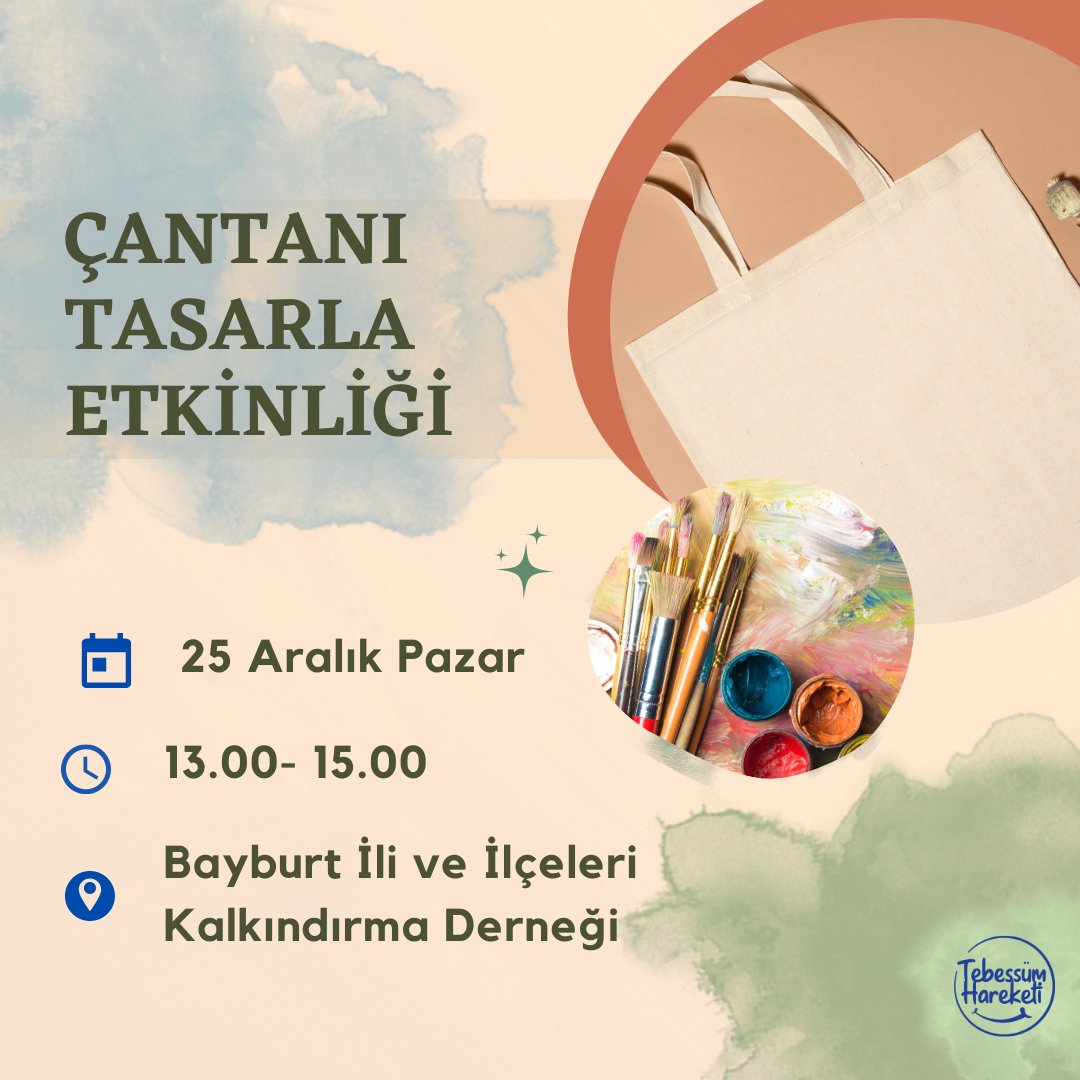 Merhaba sevgili Tebessüm Hareketi Severler!

Çantanı Tasarla Etkinliği ile karşınızdayız.🥳 Farklı tasarımlar ve rengarenk çizimlerle bez çantalarımızı boyayacağız. 

Katılım formu: forms.gle/RYUqSbg5GHerRZ…
