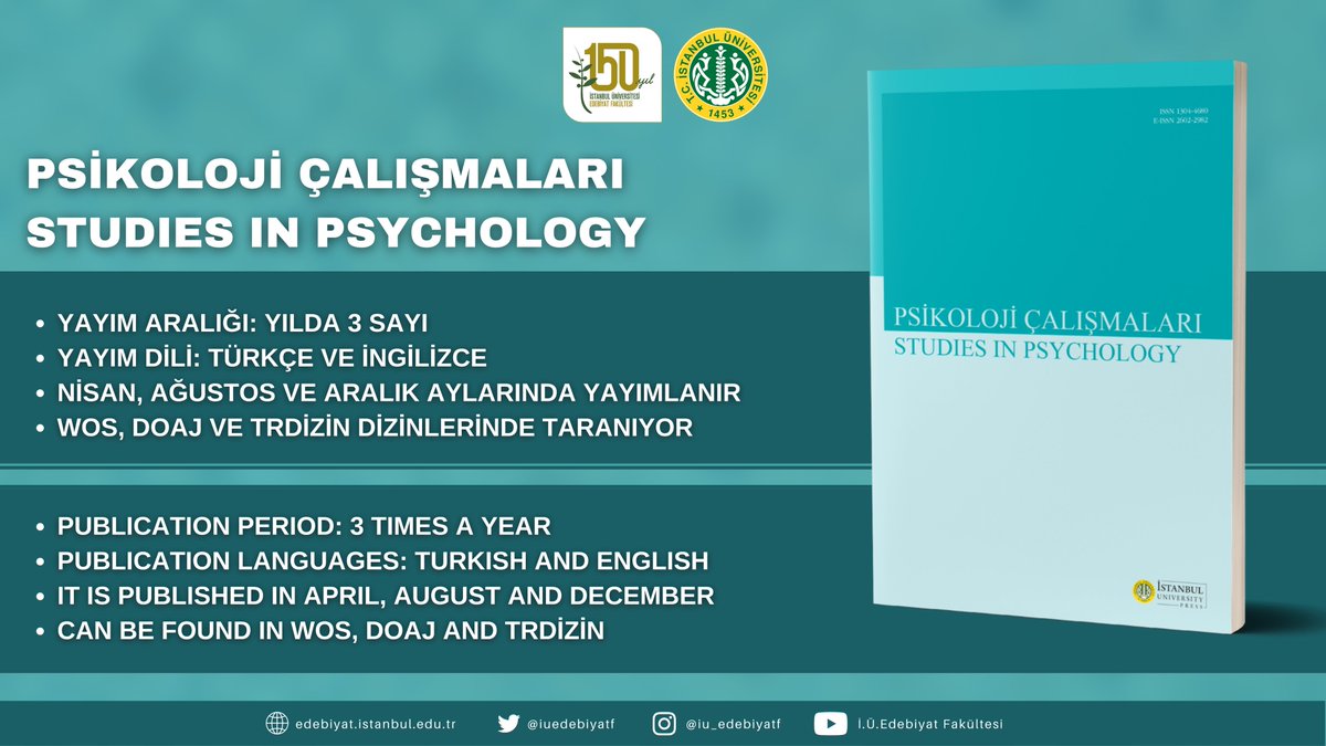 3-) Psikoloji Çalışmaları / Studies in Psychology

Psikoloji Bölümümüz tarafından çıkarılan ''Psikoloji Çalışmaları''na aşağıdaki linkler üzerinden ulaşabilirsiniz.
 
iupress.istanbul.edu.tr/tr/journal/sp/…
 
iupress.istanbul.edu.tr/en/journal/sp/…