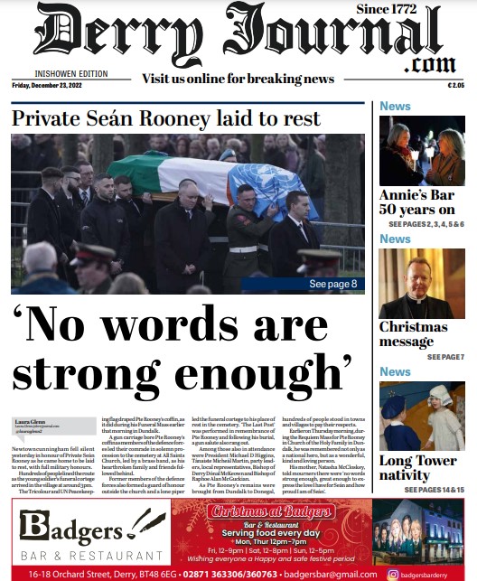 derryjournal's tweet photo. Support your local paper and pick up a copy in the shops today. Full coverage of the Annie's Bar 50th anniversary commemorations and final farewells to Private Seán Rooney. More coverage at: https://t.co/hGsp3OOj7b and the social channels #localmedia #localpapers #localjournalism https://t.co/AcNiXpB8Wc