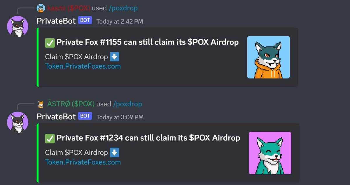 Do you want to adopt a new Private Fox NFT from the marketplace 😍🔥
Make sure to use our bot at #pox-airdrop to check if it still has its $POX airdrop or if it already claimed it 🫡
👉 discord.gg/privatefoxes
Learn more about $POX airdrop:
docs.privatefoxes.com/pox-airdrop