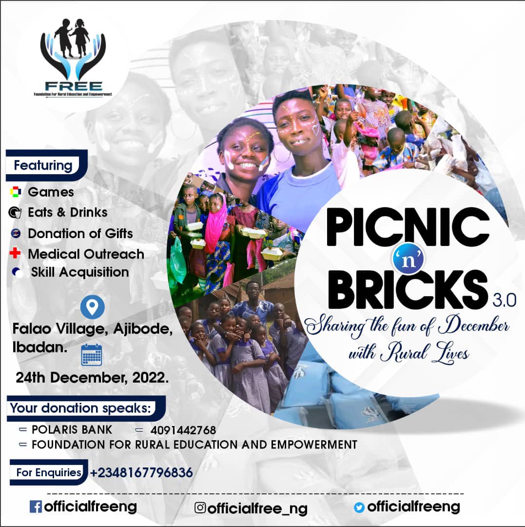 In less than 24hours, we're merrying with many lives on the edge! It's Picnic N Bricks 3.0. 
To our previous and present sponsors, supporters, &amp; volunteers, thank you so far, your giving is greatly vakued
📌 Games
📌Eat &amp; Drink
📌 EduAid
📌 Medical session
📌Skill Acquisition 💃