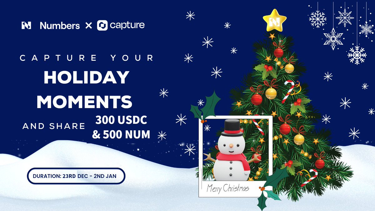 🎄Capture Holiday Moments💫
🎁Share $300 USDC/500 NUM Reward Pool🎁

100 NUM*5
1️⃣ Follow @Captureapp_xyz <a href="/numbersprotocol/">Numbers Protocol</a>
2️⃣ RT with "happy holiday" &amp; Tag 3 friends

$60 USDC*5
1️⃣ Take a holiday photo via Capture App
2️⃣ Share asset profile link in the thread w/ #HolidayGiveaway👇