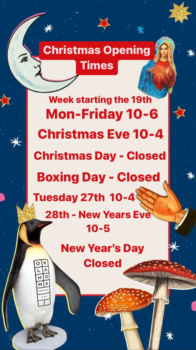 Hello! Here are our Christmas opening hours.
We are taking click and collect orders up until 3pm tomorrow so there’s still time for you last minute shoppers!