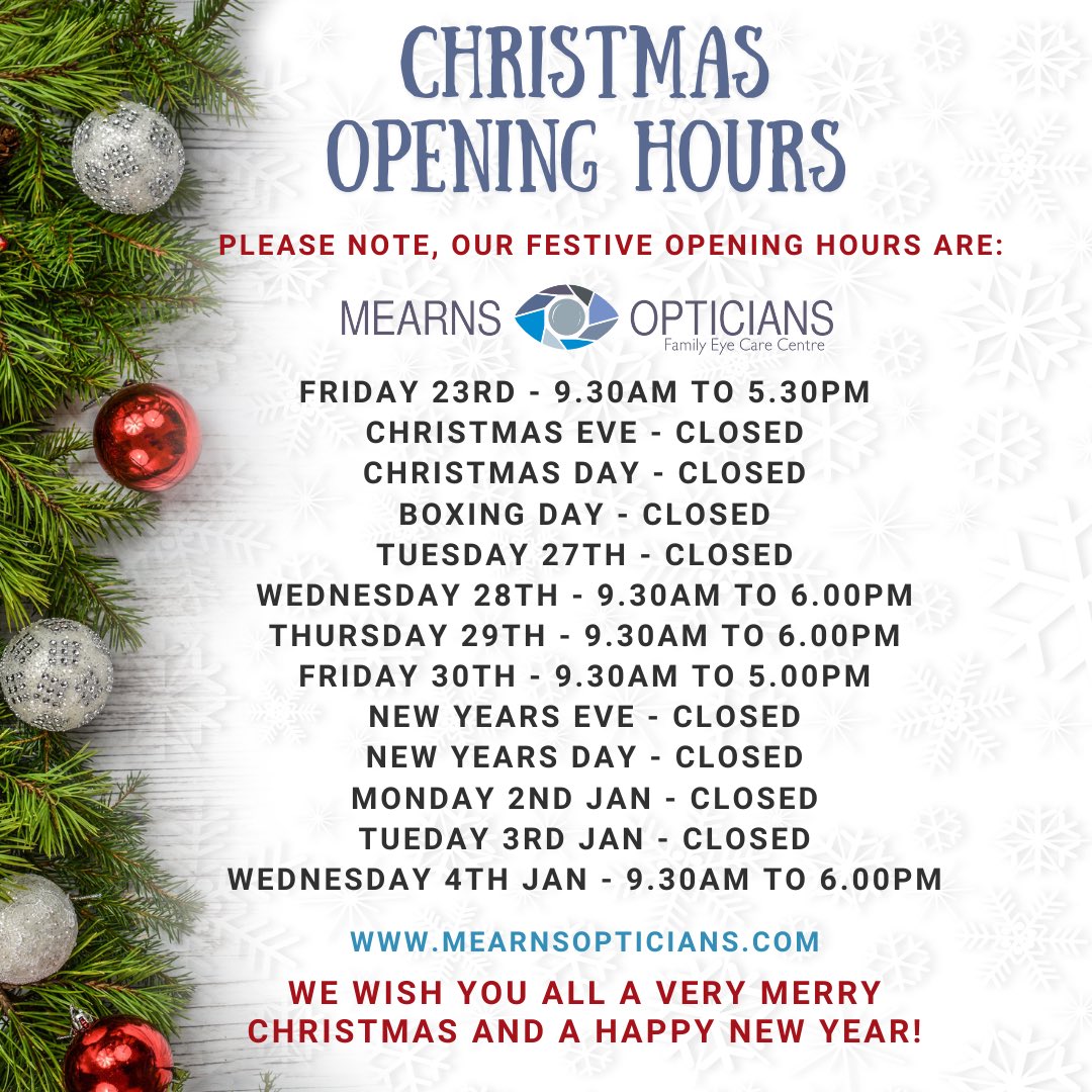 mearnsopticians's tweet photo. We’d like to take this opportunity to thank all of our patients for your support during this past year. We hope you all remain safe and well, and look forward to seeing you all again in 2023.

We wish you and all of your loved ones a very Merry Christmas and a Happy New Year. https://t.co/JNFnFkQRFh