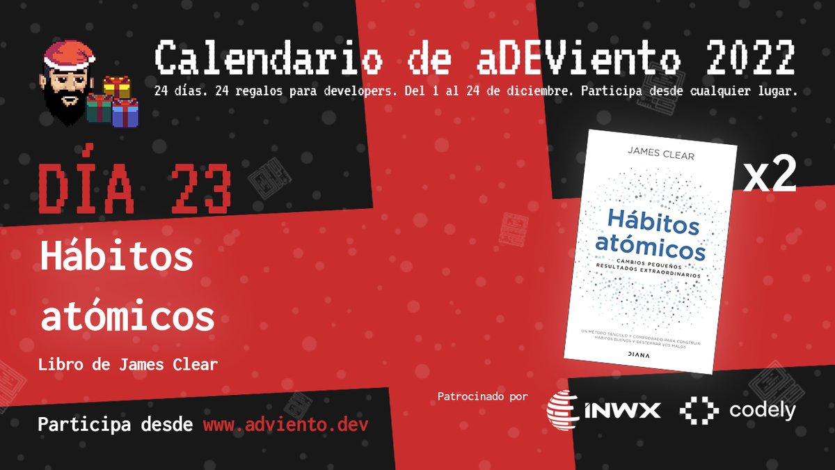 MoureDev's tweet image. Aquí está el nuevo regalo sorpresa del &quot;Calendario de aDEViento 2022&quot;!

🗓️ 24 días
🎁 24 regalos para developers
🌐 Sorteo mundial

DÍA 23:
👉 (x2) Libros &quot;Hábitos atómicos&quot; de James Clear.

🔁 Únicamente haz RT para participar

#aDEViento2022