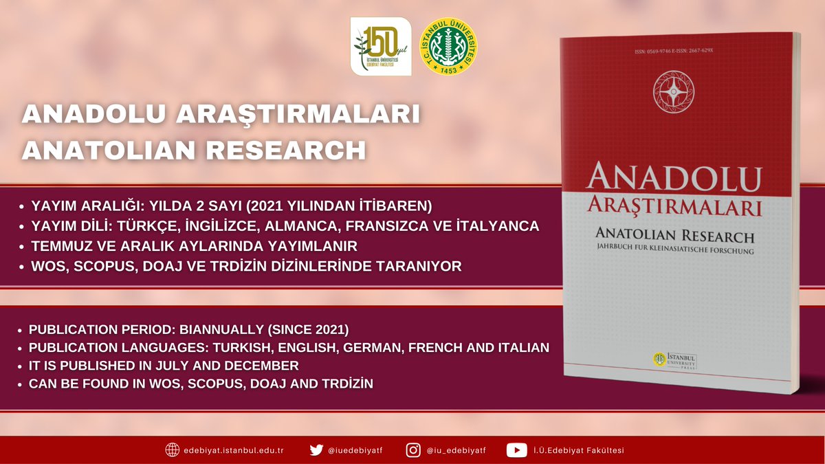 8-) Anadolu Araştırmaları/ Anatolian Research
 
''Anadolu Araştırmaları Dergisi''ne aşağıdaki linkler üzerinden ulaşabilirsiniz.

iupress.istanbul.edu.tr/tr/journal/ana…
             iupress.istanbul.edu.tr/en/journal/ana…