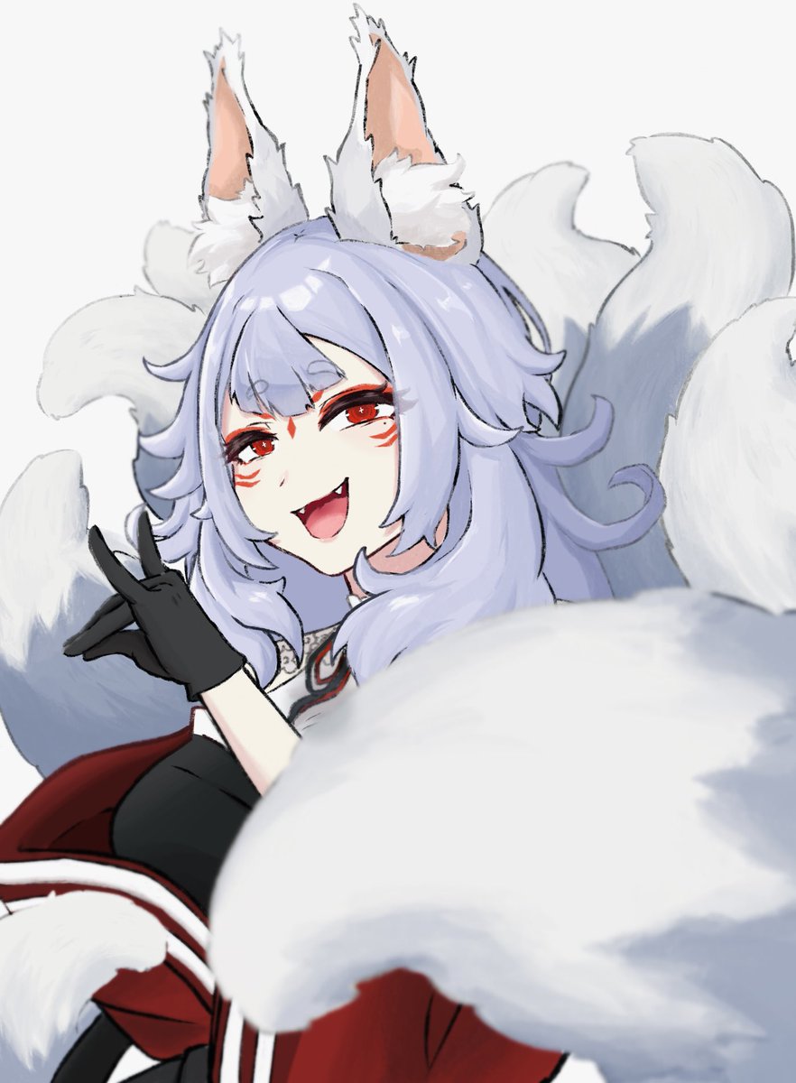 1girl animal ears solo fox ears multiple tails red eyes tail  illustration images
